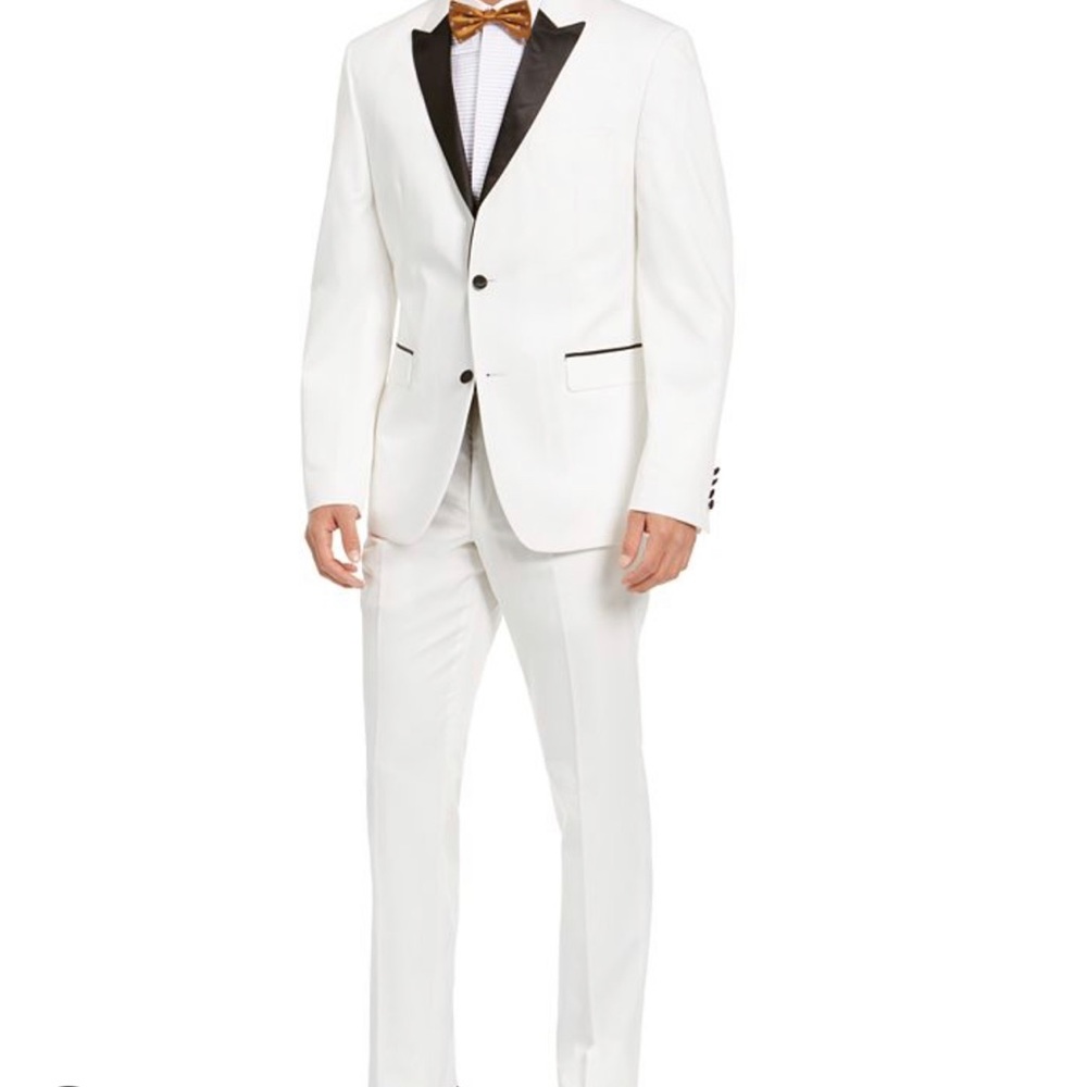 Perry Ellis portfolio white tuxedo with black lapel